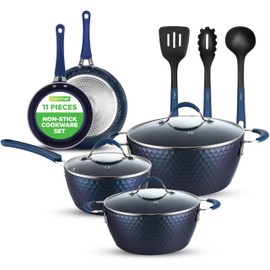 NutriChef 11-Piece Kitchen Cookware Set, Non-Stick Pots and Pans, Easy-to-Clean, Kitchen Utensils Set with Ceramic Coating for Home Cooking, Induction Safe, Diamond Pattern