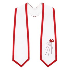 CLERKMANS Descending Dove Confirmation Stole, White Satin with Red Trim, One Size Fits All Church Stole/Sash