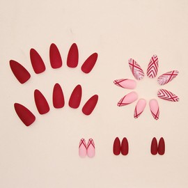 Press on Nails Medium Almond Artificial Acrylic Fake Nails with Red Stripe Silver Foil Design Full Cover Reusable Red French False Nails, Glue on Nails for Women Stick on Nails for Nail Art Supplies