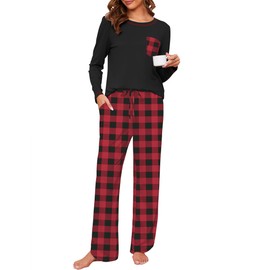 Namatime Cotton Pajamas for Women Set 2 Piece Lounge Sets Print Long Sleeve Soft Pj Set Fall Loungewear Sleepwear with Pockets Maternity Postpartum Pajamas Black Red XL
