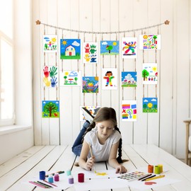 KOLLIEE Kids Artwork Display Art Wall Decor 4.93ft Boho Wooden Beaded Garland Collage Holder with Hanging Rings Wooden Stars Hook 40 Wood Clips for Kids Artwork Photo Room Bedroom Decor