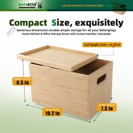 BAMOTTO CRAFTBAMBOO 10.2”x7.3”x6.5” Lidded Storage Bins - Stackable Bamboo Box/Cube/Basket with Handles for Home Kitchen Office, Organize Tableware Clothing Toys Books