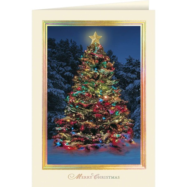 The Gallery Collection, 25 Personalized Christmas Cards with Foil-Lined Envelopes (Star Light Tree), For Business or Consumer