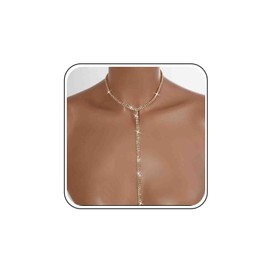 Gold Silver Wedding Necklace For Brides Long Rhinestone Necklace Choker Sparkling Diamond Tennis Necklace Chain Lariat Bridal Pendant Crystal Drop Y Necklace Shiny CZ Y-shaped Women, Zinc