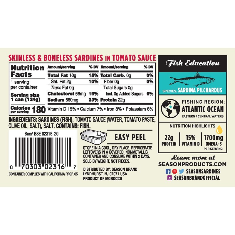 Season Sardines in Tomato Sauce - Skinless & Boneless, Wild