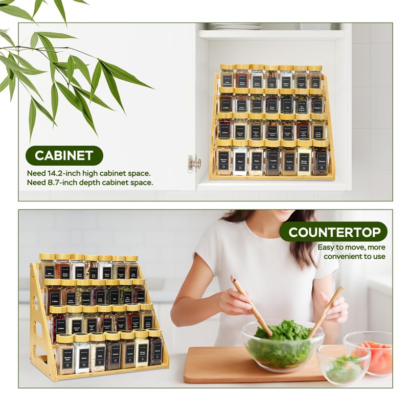4 Tier Bamboo Spice Rack Organizer with 28 Spice Jars,