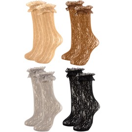 QHANSHIEE Women's Lace Ankle Socks Ruffle Frilly Mesh Trim Lolita Socks,Lace Ankle High Dress Sock for Women Girls (Standard, Grey+Brown+Black+Lt Brown)