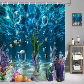 Jemsia Shower Curtain for Bathroom,Waterproof AOcean World with Weighted Hem 12 Hooks Washable Polyester Shower Curtains for Wet Room Tubs Spa Blue Bubble Marine Life Deep Sea Printed