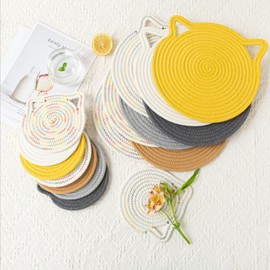 Cute Cat Ears Heat Resistant Trivet Table Mat for Home Use Japanese Style Hanging Cotton Yarn Woven Dining Table Creative Thermal Mat Coaster Cute Cat Large Pot Holder Non Slip Natural Material Gift Present (7.1 inches (18 cm), Warm Color)