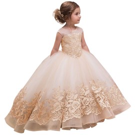 ABAO SISTER Elegant Flower Girl Dress for Wedding Kids Sleevelesss Lace Pageant Ball Gowns, Rose Gold, 6