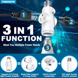 2 Packs Tobasovk Light Socket to Plug Adapter, 3 Prong Light Bulb Outlet Socket Adapter with Pull Chain, Light Socket Outlet Extender, Safety Performance & Professional Material - White
