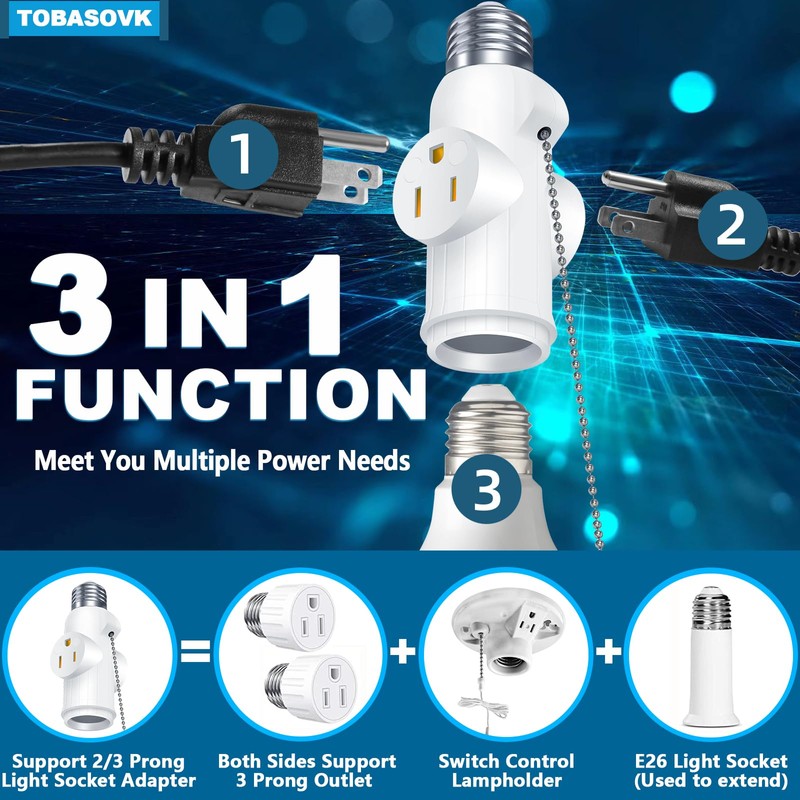 2 Packs Tobasovk Light Socket to Plug Adapter, 3 Prong