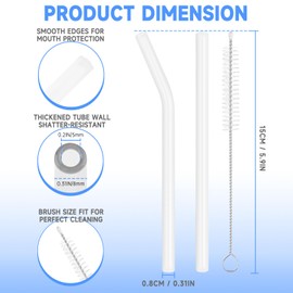 8 Pcs Reusable Glass Straws Shatter Resistant, 6” Clear Short Glass Drinking Straws with 2Pcs Cleaning Brush, Including 4 Straight & 4 Bent Reusable Straw Short for Beverages, Juices, Dishwasher Safe