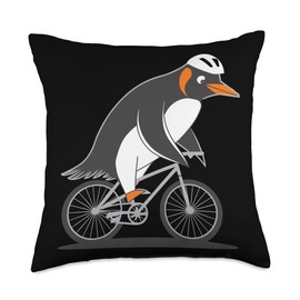 Penguin Riding Bicycle With Helmet Throw Pillow