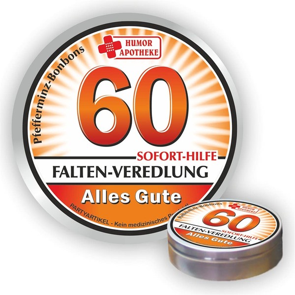 Peppermint Candy Metal Tin - For 60th Birthday, Wrinkle Finishing Alles Gute - Immediate Aid | Humour Medicine Fun Medicine | Peppermint Dragees | Tin Tin Pill Box
