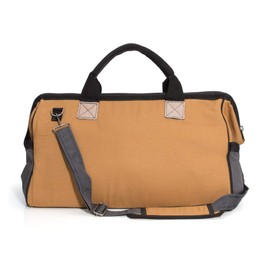 Dickies 20-Inch Durable Canvas Work Bag for Painters, Carpenters, and Builders, Heavy-Duty Zipper, Reinforced Handles, Exterior Pockets, Shoulder Strap, Tan/Grey