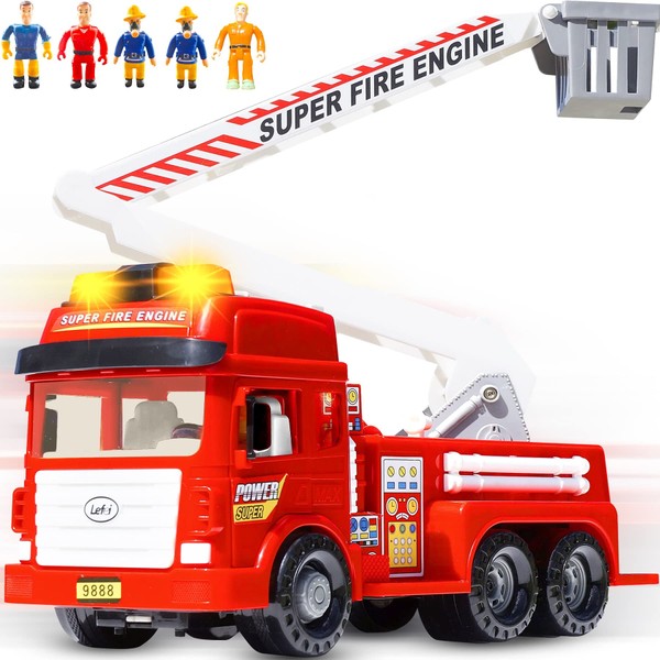 FUNERICA Big Fire Truck Toy with Lights and Sounds, Large Folding Ladder, Doors That Open, Play Fireman Figures, Powerful Friction Wheels - Red Firetruck Engine for Kids Toddlers Boys & Girls Age 3-8