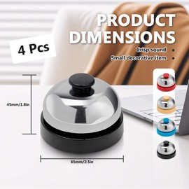 4 Pieces 2.4" Call Bell for Service, Front Desk Bell with Metal Construction, Clear Crisp Sound Ringer for Dog Training Reception Area Trivia Games (Blue, Black, Red, and Khaki)