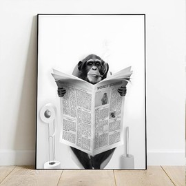 ZFTCN Funny Newspaper Animal Wall Art, Animal Wall Pictures on Toilets, Black and White Canvas Pictures, Bathroom, Bedroom Decoration, Frameless (Monkey, 20 x 30 cm)