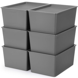 Menkxi 6 Pcs Storage Bins with Lids Small Plastic Storage Containers Stackable Storing Baskets Box Cute Organizer Bins for Organizing Shelves (Gray)