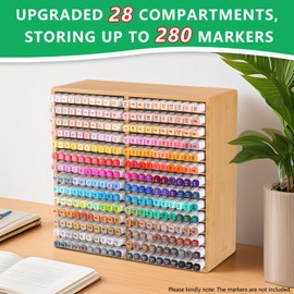 walowalo Bamboo Marker Organizer for 280 Markers Durable Pencil Holder Desk Storage Extra Large for Artists Teachers Students Office Classroom Birthday Gifts No Assembly Required 28-Compartments