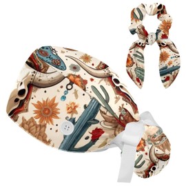 Women Working Cap with Buttons Bouffant Hat Wild West Cowboy Boot Animal Skull Cacti Arrows Nurse Scrub Caps Long Hair Multicoloured, Multicoloured, One Size