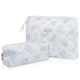 2PC Makeup Bag Set, Cute Cosmetic Bag for Women Girls, Floral Coquette Aesthetic Toiletry Bag, Travel Make Up Organizer Bag (Blue Rose)