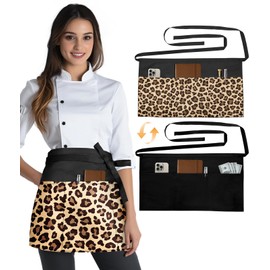 Slohif Reversible Server Apron with 6 Pockets - Waist Apron for Waitress Women Half Apron for Waiter Men Cute Water Resistant Serving Short Apron Barista Bartender Kitchen Accessories Leopard