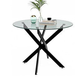 NIERN Round Dining Table for 2-4, 31.5 Inch Tempered Glass Small Circle Kitchen Table with Metal Black Legs, Modern Dining Room Table for Kitchen Dining Room (Black)