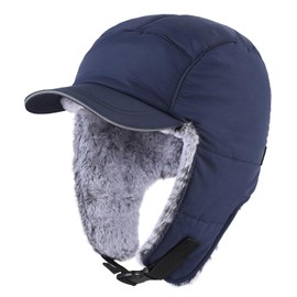 Connectyle Men's Winter Trapper Hat with Visor Faux Fur Lined Trooper Hunting Hat Windproof Cold Weather Hat Navy Blue