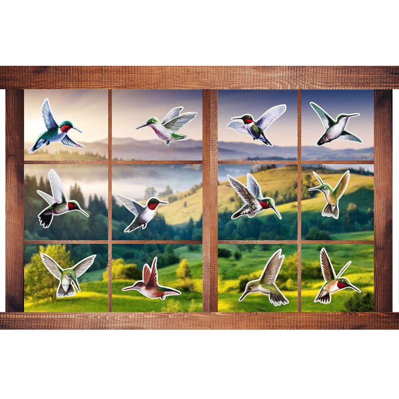 Iconikal 24-Count Large 6-inch Static Cling Window Decorations, Hummingbirds Flying