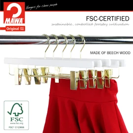 MAWA by Reston Lloyd, European Wooden Hanger, Beech Wood Hanger with Adjustable Pant Clips, Rotating Gold Hook, White Finish, for Pants, Shorts, & Skirt Clothes Hanger, Set of 5