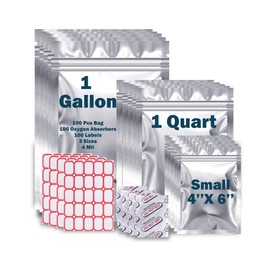 Aluminum Food Storage Bags – 100-Pcs Vacuum Seal Food Storage Bags with 300cc Oxygen Absorbers and Food Labels – Stand Up Resealable Bags for Candy, Snacks, Dried Fruits, Herbs, Jewelry – Size (10 x 14-inch),(6 x 9-inch), 4 x 6-inch).