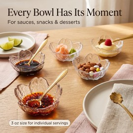Sakura Shape Clear DipClear Blossom Glass Dip Bowls 6 Pcs Total, 3 Bowls and 3 Gold-Tone Sakura Spoons,1.5 oz Soy Sauce Dishes for Dipping Sauce, Condiments, Sushi, Snacksping Dishs (Clear-3pcs+spoon)