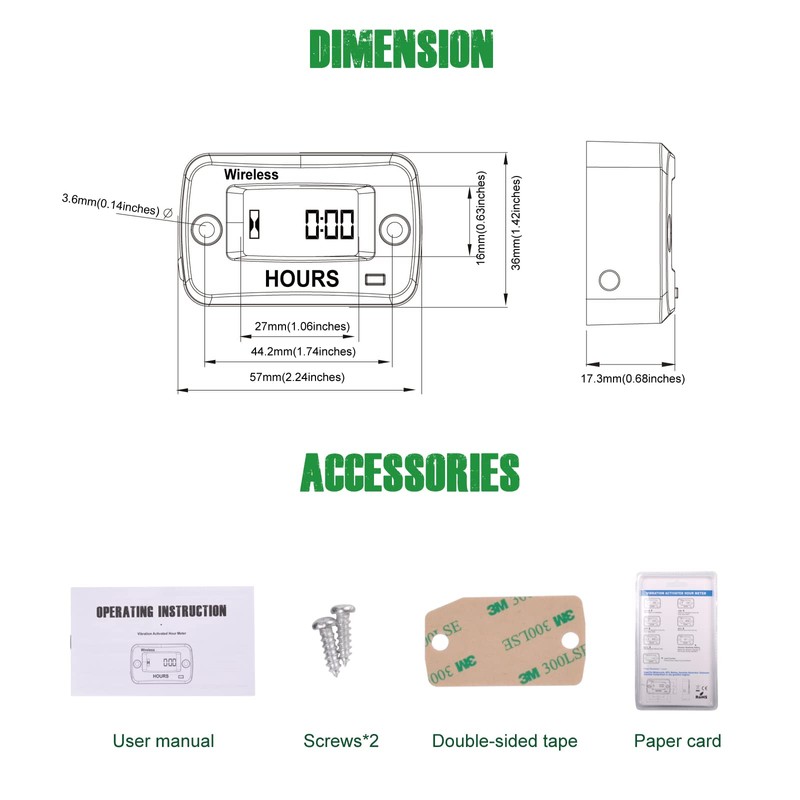 Yooreal Wireless Vibration Hour Meter Maintenance Meter for Gas Diesel
