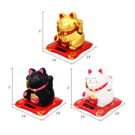 IBWell Small Lucky Cat Waving Arm Chinese Lucky Cat Statue for Home Office Car Decor Solar Energy Powered Chinese Feng Shui Cat Beckoning Cat - 3 in 1
