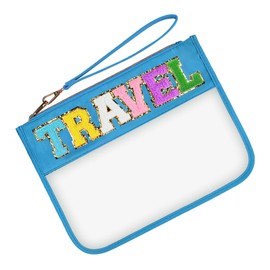 Ebbniur Chenille Letter Clear Bag, Travel Makeup Letter Bag with Zipper, Waterproof Transparent PVC Cosmetic Bag, Cute Snacks Bag Portable Stuff Bag for Women (Blue TRAVEL)