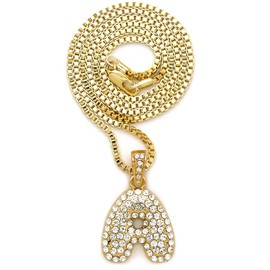 Fashion 21 Unisex Iced Out Alphabet Letter Bubble Initial Pendant 18",20",24" Box Chain Necklace in Gold Tone (18, A)