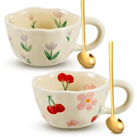 Vesici 2 Pcs Ceramic Coffee Mugs Flower Mugs with Spoon Vintage Floral Mugs with Handle 8.5 oz Cute Aesthetic Tea Porcelain Cup for Office Home, Dishwasher and Microwave Safe(Cute)