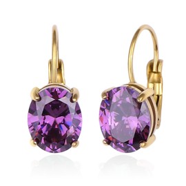 TaYolnFaSo Cut-Oval Amethyst Leverback Earring 18k Gold Plated Hanging Drop Earring Purple CZ Earring February Birthstone Gift Oval Purple Amethyst Dangle Earring Jewelry Birthday Gift for Women