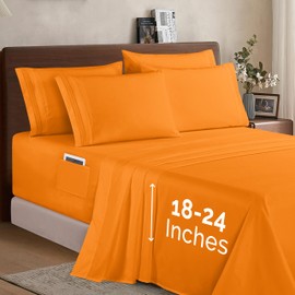 Elegant Comfort 1500 Premium Quality 6-Piece Bed Sheet Set - 18-24 Inch Extra Deep Pocket, Smart Storage Pockets, Wrinkle Free Ultra Soft 6PC Extra Deep Pocket Sheets, Queen, Orange