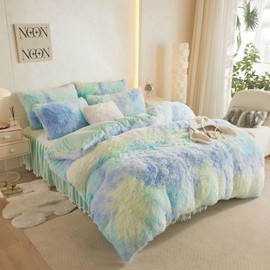 HAIHUA Fluffy Comforter Cover Set, Fluffy Plush Shaggy Duvet Cover 1 Pieces Set (1 Faux Fur Duvet Cover) Velvet Bedding Twin Bed Set,Zipper Closure (Tie Dye Sage Green, Twin)