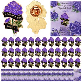Suncalla 65 Set Funeral Favors for Guest Memorial Rose Pin Rose Enamel Lapel Pins with Memorial Cards Celebration of Life Gifts(Purple)