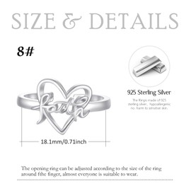 Heart Faith Ring, S925 Sterling Silver Adjubstable Religious Christian Inspiring Love Faith Cross Rings for Women
