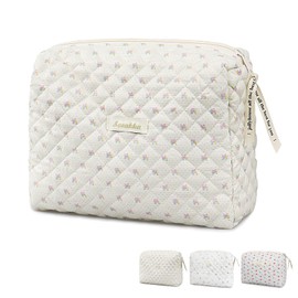 Travel Toiletry Bag, Cotton Floral Travel Makeup Bag, Portable Cosmetic Bag, Travel Makeup Storage Bag for Women Girls (Flower-Beige)