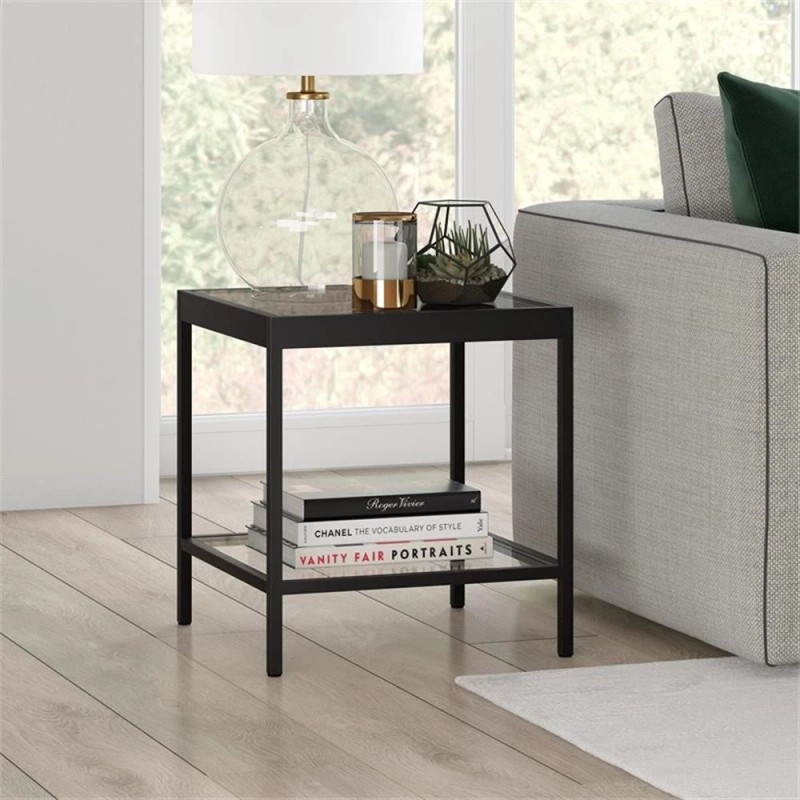Pemberly Row Modern Metal/Tempered Glass Side Table in Black Bronze