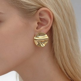 Inateannal Boho Texture Disc Coin Earrings Disc Coin Stud Earrings Large Gold Round Earrings Round Statement Earrings Geometric Irregular Circle Drop Earring