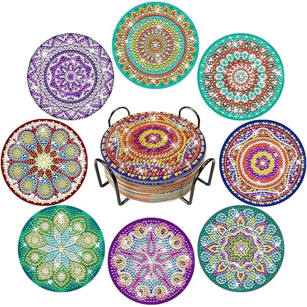 FILASLFT 8Pcs Diamond Art Coasters with Holder,Mandala Diamond Painting Coaster