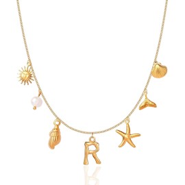 Initial Charm Necklaces for Women Girls 14K Gold Plated A-Z Letter Necklaces Shell Boho Summer Seashell Alphabet Choker Necklace Starfish Surfer Monogram Name Necklace Beach Jewelry Gifts (Gold-R)