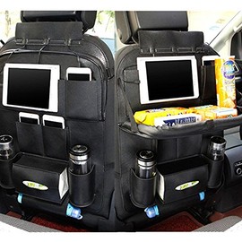 Organizador Universal para Asiento de Coche, multibolsillo, de Piel sintética, con Soporte para Tazas, Plegable, Carga por USB, Negro                 